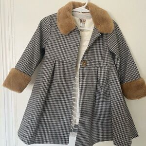Stylish Girls Checkered Coat and Dress set with Faux Fur Trim